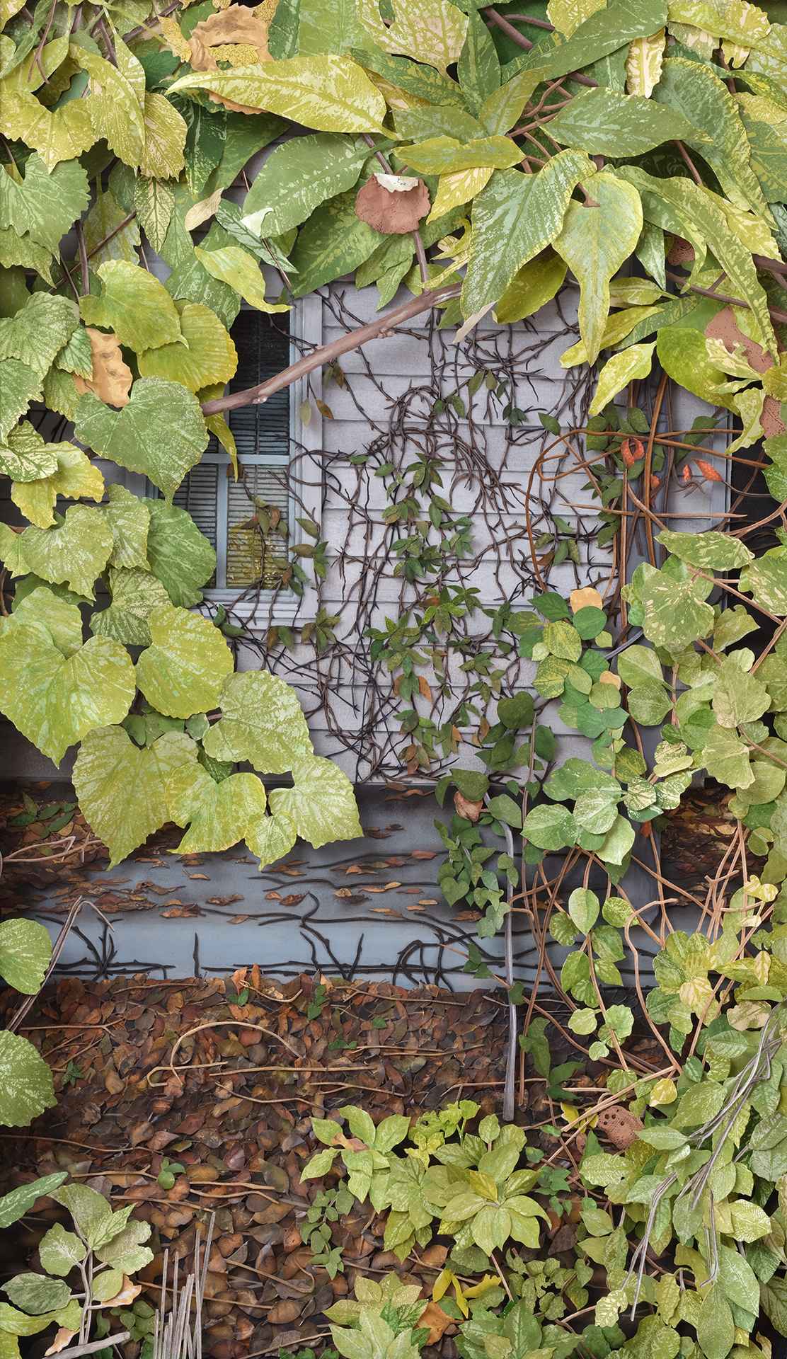 The house is completely engulfed by vines: Virginia creepers, grape vines and all sort of overgrowth. Each leaf was cut from textured papers; many created with life size leaf prints, Focus on the porch enhances the feeling of isolation created by the vines.