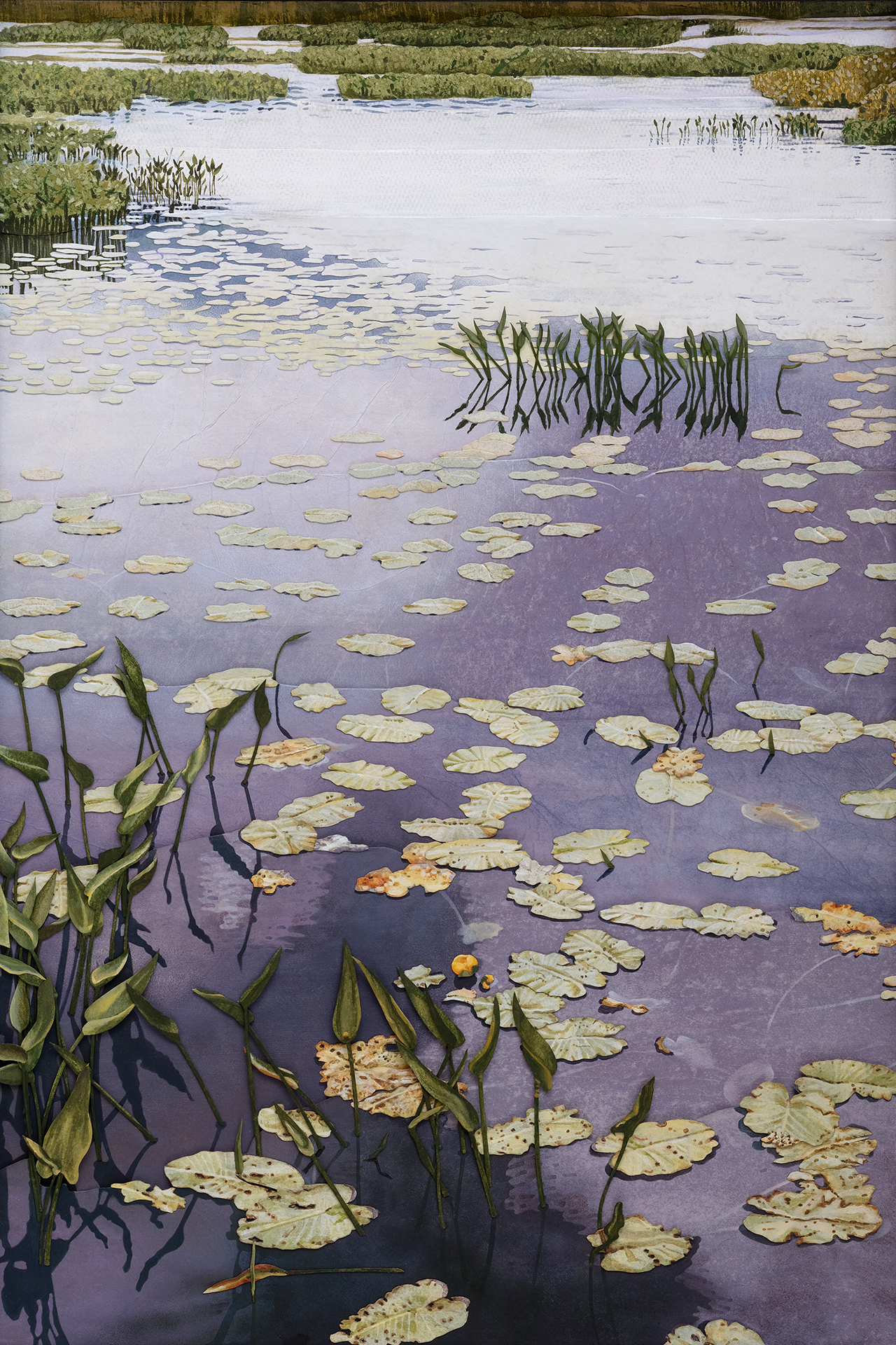 A great deal of time was spent building layer upon layer of different papers to create the illusion of transparency in the pond. Water Lilies are anchored to the pond floor and the lily pads float on the surface; which was the other effect that was important to convey.