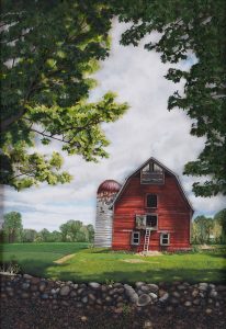 Standing in the shade I see the neighbor's barn illuminated by the sunlit day. The light falls brightly on the barn and field and is filtered through the leaves and highlights the rocks in the well. This piece is about capturing the feeling of that day.